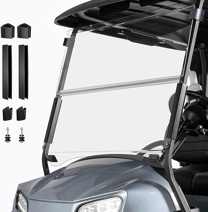 Clear Golf Cart Foldable Windshield 3/16" (5MM) Thicken for Club Car Precedent 2004+, Tempo & Onward 2017+, 37.4" W×32.7" H, Fits 1"×1" Strut Rail Window Glass Replacement Scratch-Resistant