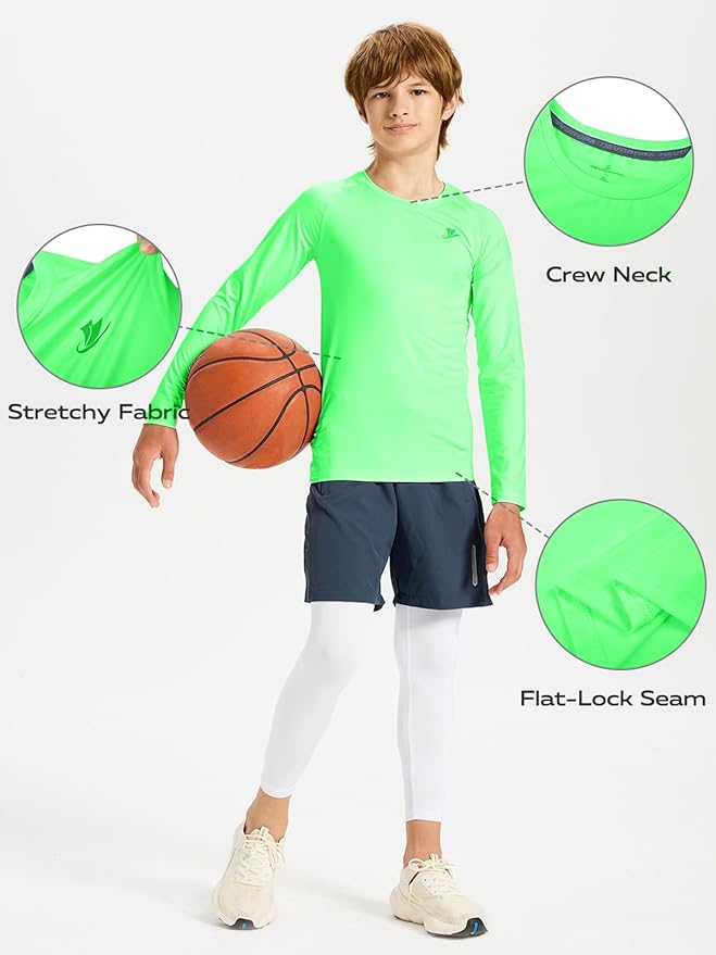 DEVOROPA Youth Boys Compression Shirt Long/Short Sleeve Football Baseball Undershirt Quick Dry Kids Sports Baselayer Crewneck