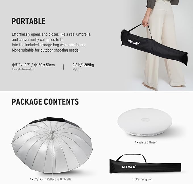 NEEWER 51"/130cm Parabolic Reflective Umbrella Photography - Image 9