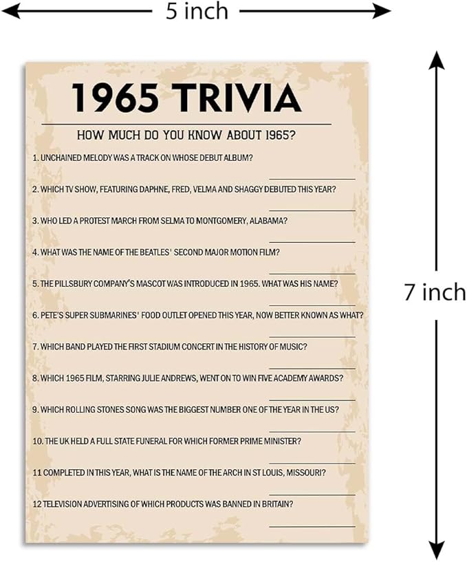 QUPT 60th Birthday Party Games, 1965 Trivia Games, Birthday Party Supplies - Image 2