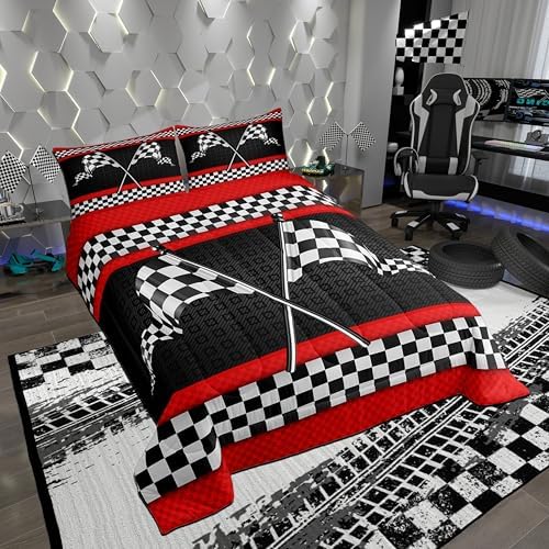 Castle Fairy Race Car Themed Comforter Set Twin Size,Black White Checkered Flag Print Bedding Set for Kids Boys Men,Red Stripes Geometric Grid Plaid Quilted Duvet Set with 1 Pillowcase