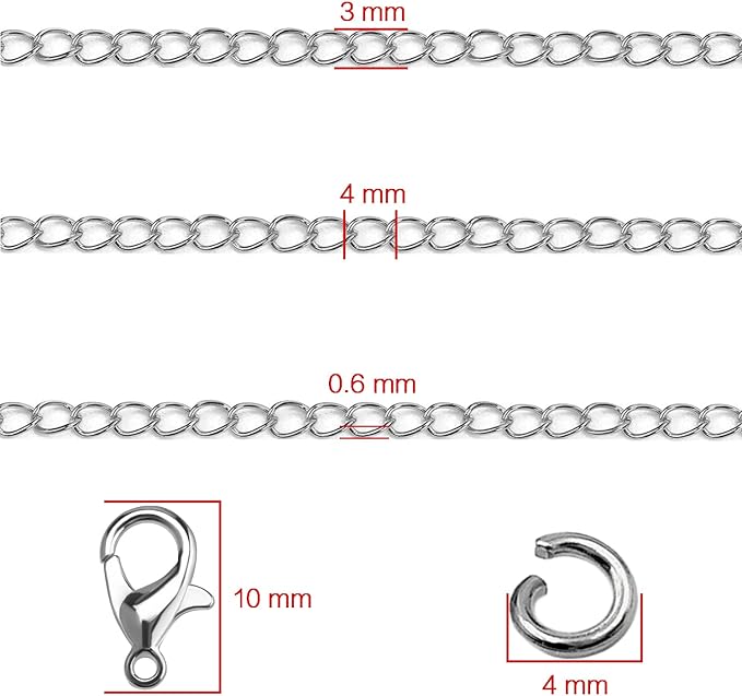 Jishi 33ft Necklace Extender Chain 3mm Silver Stainless Steel Curb Link Chain - Image 3