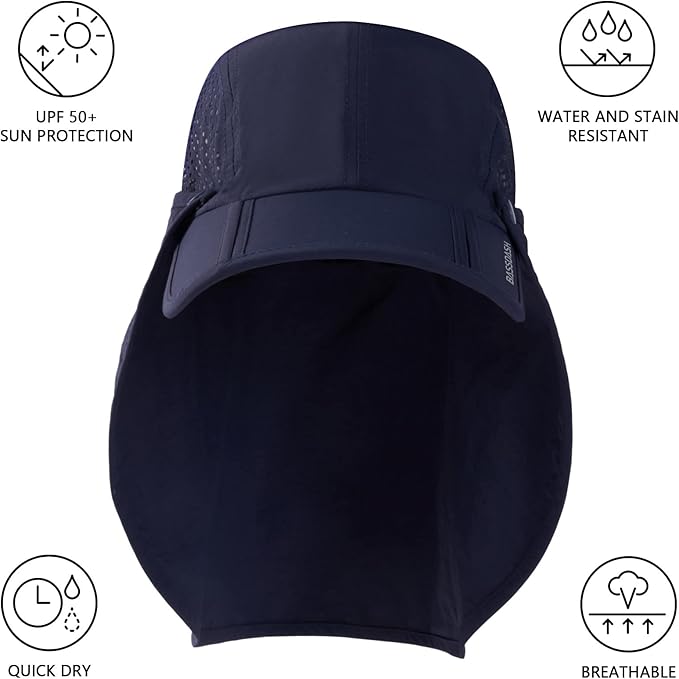 BASSDASH UPF 50+ Foldable Fishing Hat Baseball Cap with Removable Neck Flap Portable for Men Women Golf Hiking