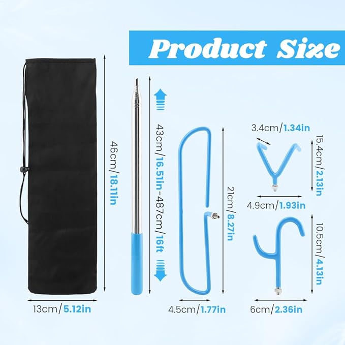 16 Feet Disc Golf Retriever Pole, Telescopic Discs Retriever with Stainless Steel Frame and Carry Bag, Extendable Disc-Golf Grabber Accessories Grabber for Tree, Bushes & Water