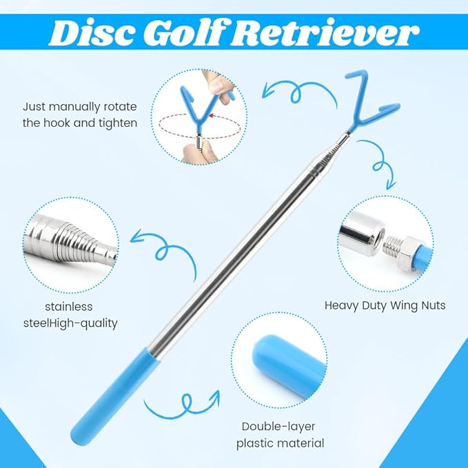 16 Feet Disc Golf Retriever Pole, Telescopic Discs Retriever with Stainless Steel Frame and Carry Bag, Extendable Disc-Golf Grabber Accessories Grabber for Tree, Bushes & Water