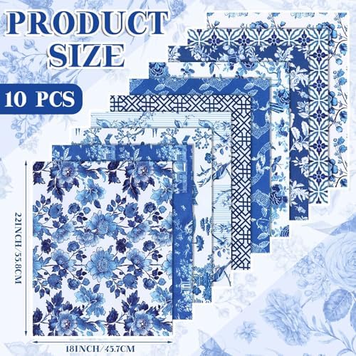 Hahafelt 10Pcs 18"x22" Blue and White Fat Quarter Chinoiserie Fabric Bundle