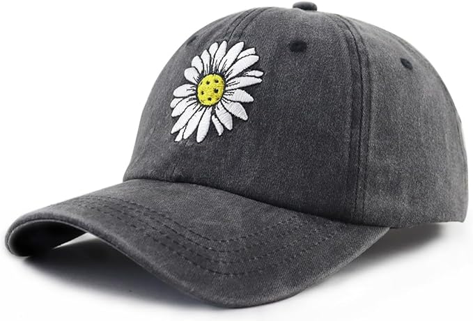 Pickleball Hat for Women, Adjustable Cotton Embroidered Daisy Pickle Ball Baseball Cap
