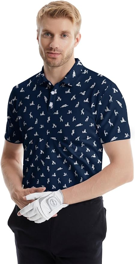 HUURAY Funny Golf Polos for Men Funny Print Short Sleeve Shirts Quick Dry Polo Shirts Hawaiian Shirt Performance Golf Outfits