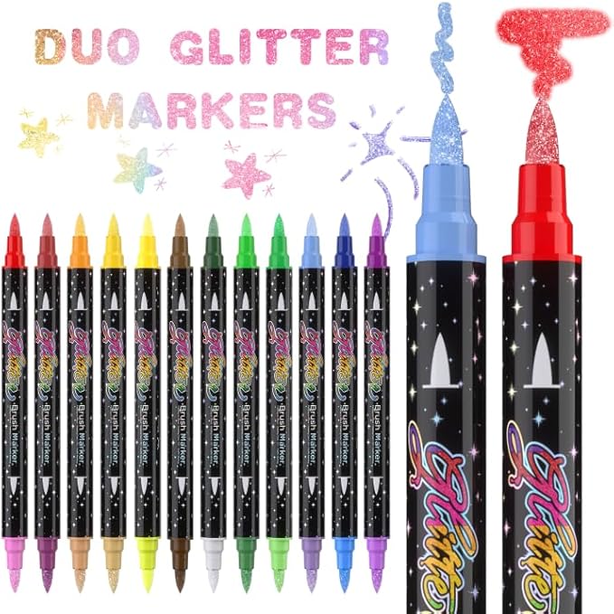 24 Colors Dual-tip Watercolor Markers, 12 Pack Glitter Brush Markers, by LIULIUCAI