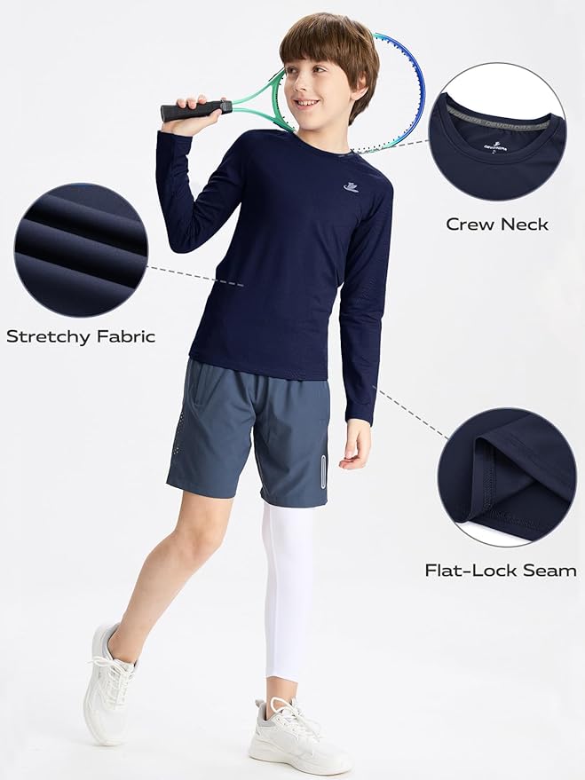 DEVOROPA Youth Boys Compression Shirt Long/Short Sleeve Football Baseball Undershirt Quick Dry Kids Sports Baselayer Crewneck