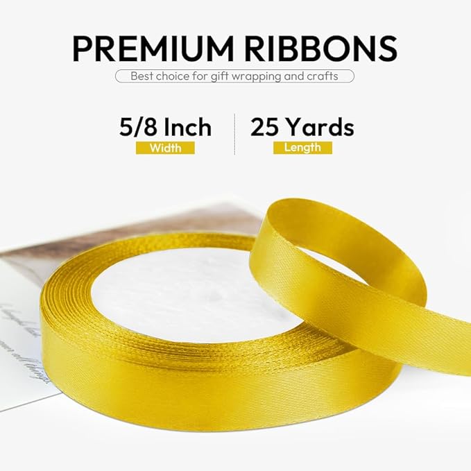 5/8 Inch 25 Yards Satin Ribbon Yellow, Solid Color Fabric Ribbon - Image 2