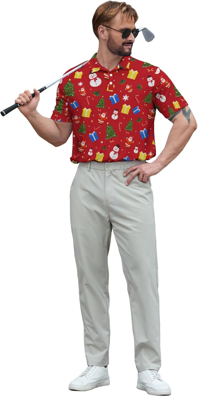HUURAY Funny Golf Polos for Men Funny Print Short Sleeve Shirts Quick Dry Polo Shirts Hawaiian Shirt Performance Golf Outfits
