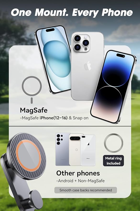 Magnetic Golf Cart Phone Holder for MagSafe, Snap-Lock Zinc Alloy Rustproof Magnetic Mount w/Built-in Gear Hook, 20-Magnet Block Array, Fits iPhone 12–17 (Ring Included) (Dark Gray)