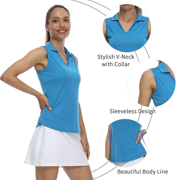 LastFor1 Women's Sleeveless Polo Golf Shirts Quick Dry 50+ UV Protection V-Neck with Collar Lightweight Tennis Tank Tops