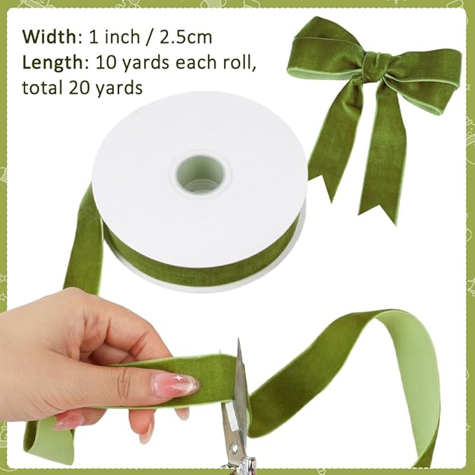 Mousse Green Velvet Ribbon, 1 Inch x 20 Yards Single Faced Mousse Green Ribbon - Image 2