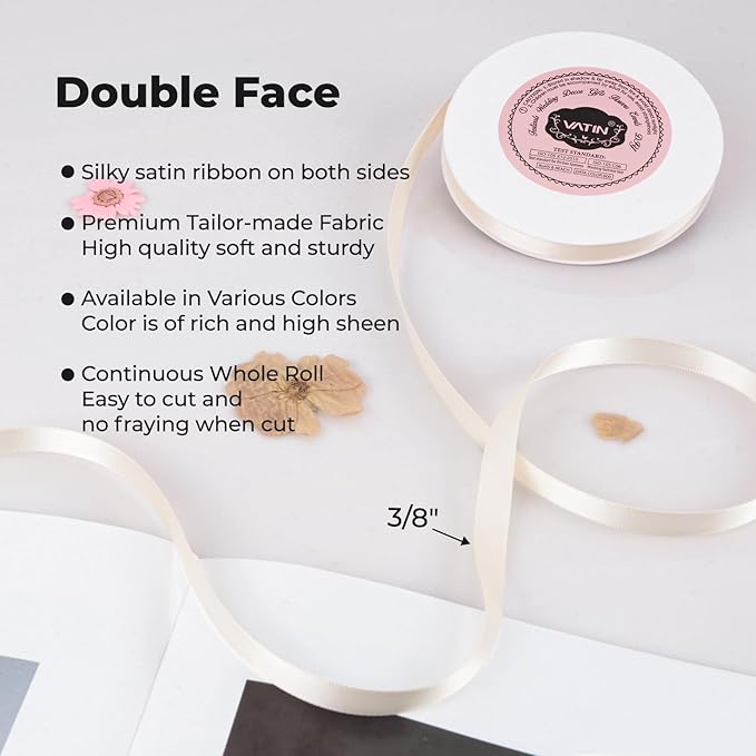 VATIN Double Face Cream Satin Ribbon 3/8" Continuous 50 Yards, Cream Polyester - Image 2