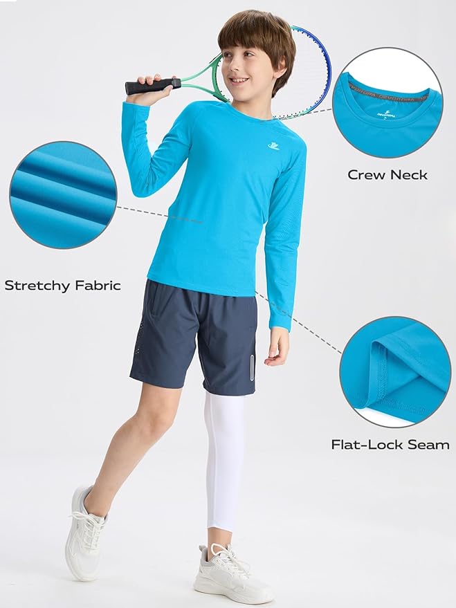 DEVOROPA Youth Boys Compression Shirt Long/Short Sleeve Football Baseball Undershirt Quick Dry Kids Sports Baselayer Crewneck