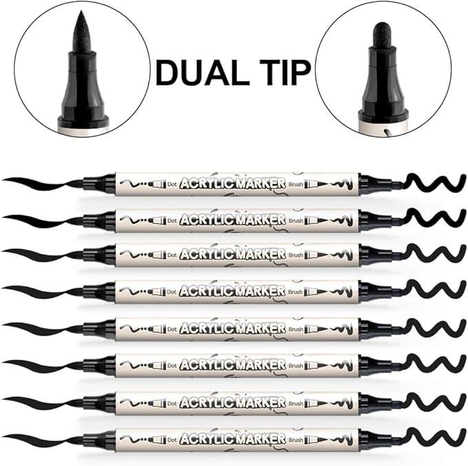 TRANSON 8 Pack Black Brush and Bold Dual-tip Acrylic Paint Marker - Image 4