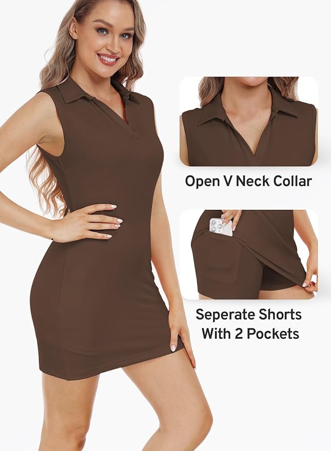 Hiverlay Golf Dresses for Women with Shorts and Pockets, V-Neck Short Sleeve Tennis Dress, Workout Athletic Dresses