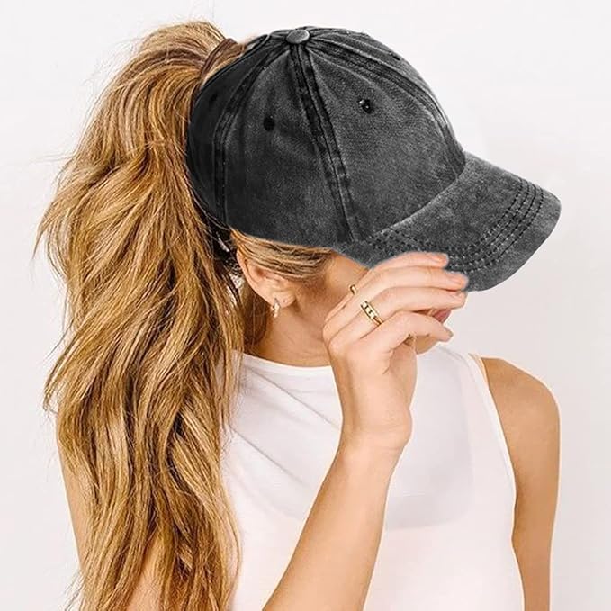 Womens Vintage Washed Distressed Baseball-Cap with Ponytail Hole Sport Golf Hat