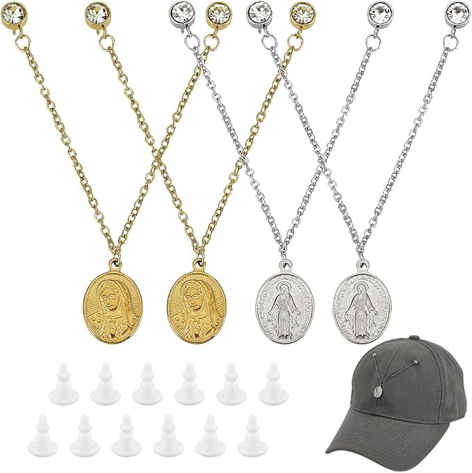 FINGERINSPIRE 4 Pcs Baseball Cap Chains 4.92inch Long 4 Styles 304 Stainless Steel Gold/Silver Hat Back Decoration With Oval Pendant for Trucker Hat Accessories Bar Party Supplies