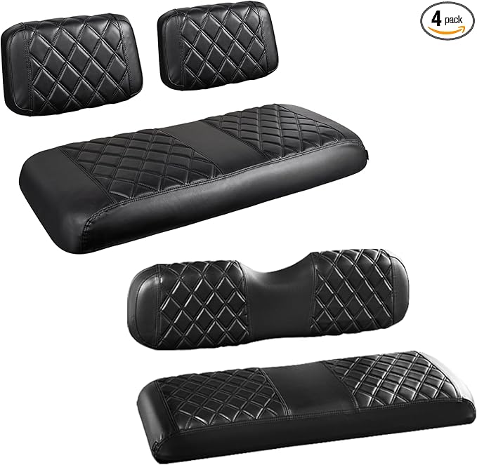 NOKINS 4PCS Golf Cart Diamond Seat Covers Kit,Front and Rear Seat Covers for Club Car Precedent/EZGO TXT/Yamaha Original Regular Seat Cushion (Black&Black Stitching, Fit Club Car DS Pre-2000)