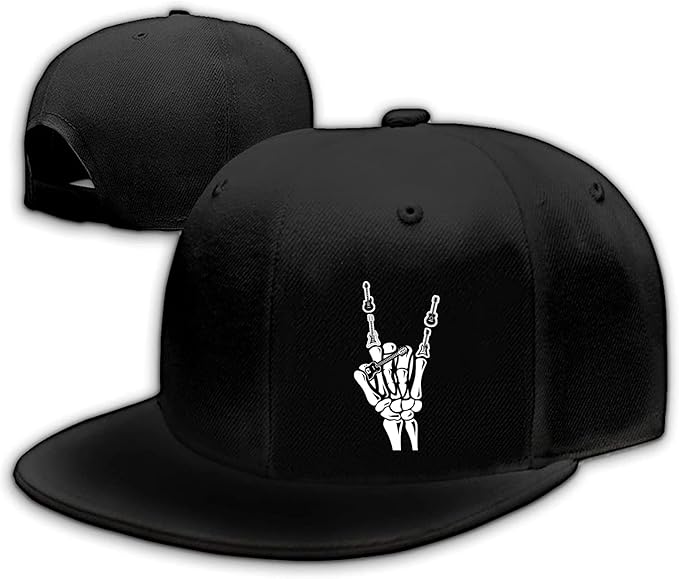 Skull Finger Flat Bill Hats for Men Black Mens Snapback Hat Baseball Cap Fitted Hat Rock N Roll Skeleton Hand Snap Backpack