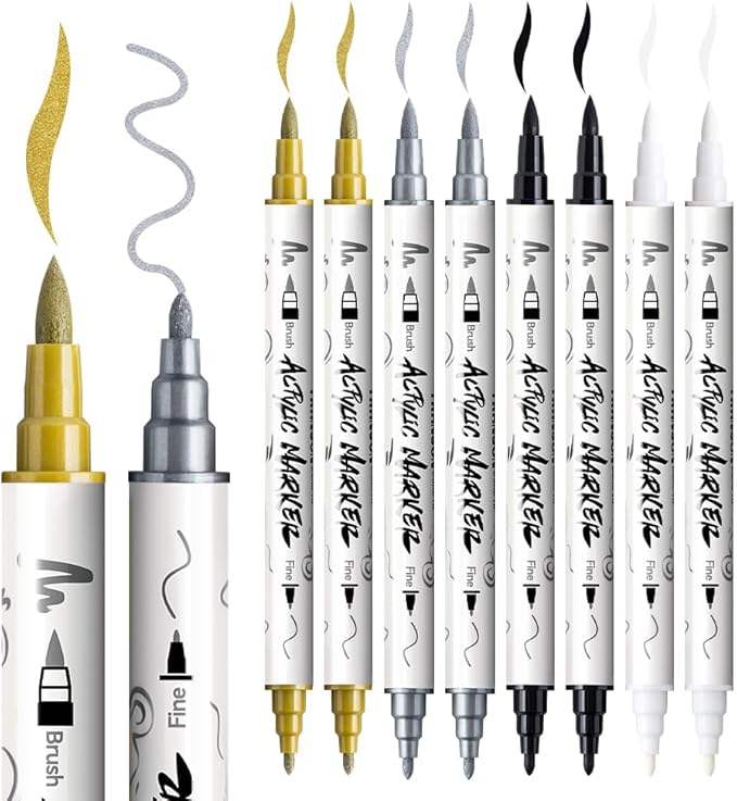 TRANSON 2 Gold, 2 Silver, 2 Black and 2 White Paint Markers Brush and Fine - Image 6