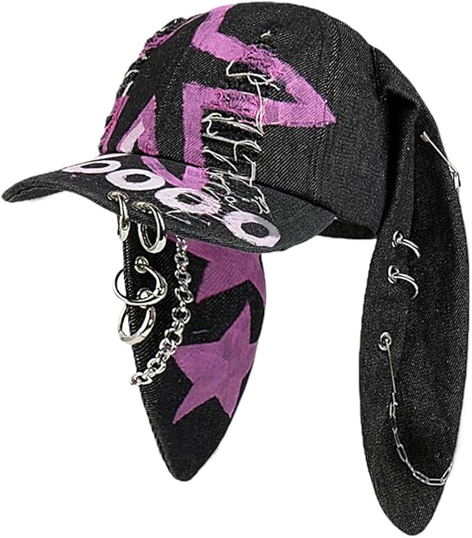 Y2k Hat Punk Hats Denim Bunny Hat Chains Distressed Baseball Cap Kpop Outfits Y2k Grunge Hats for Women