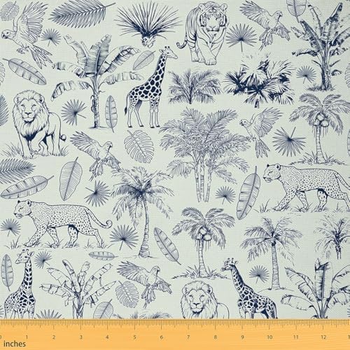 Castle Fairy Giraffe Lion Fabric by The Yard Africa Tiger Leopard Wildlife Soft Polyester No Stretch Tropical Palm Tree Decorative Fabric for Sewing Lovers,10 Yard,360" Lx59 W Grey-Blue