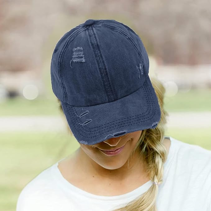 Womens Criss Cross Ponytail Baseball Cap Distressed Ponytail Hat High Messy Bun Trucker Ponycap for Outdoor Sports