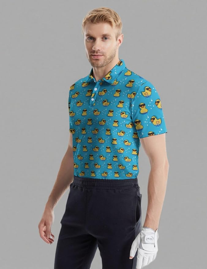 HUURAY Funny Golf Polos for Men Funny Print Short Sleeve Shirts Quick Dry Polo Shirts Hawaiian Shirt Performance Golf Outfits