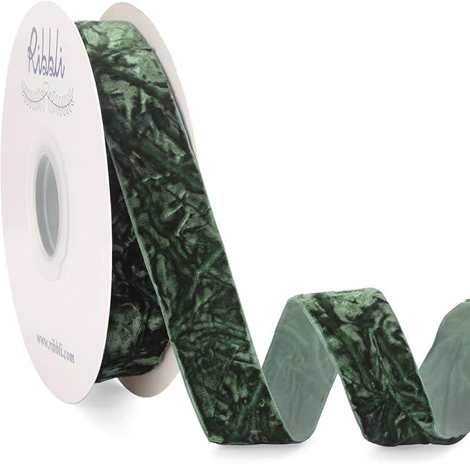 Ribbli Forest Green Velvet Ribbon 1 Inches Luxury Crinkled Green Christmas by Ribbli