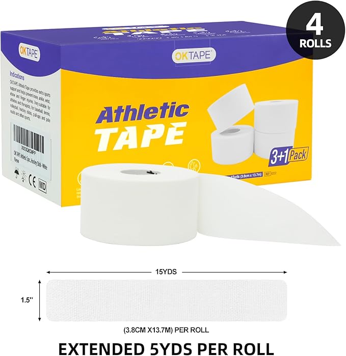 OK TAPE Athletic Sports Tape（4 Packs) - 45ft Per Roll Very Strong Tape for Athlete & Sport Trainers & First Aid Injury Wrap, Perfect for Fingers Ankles Wrist on Bat, Hockey Stick - White
