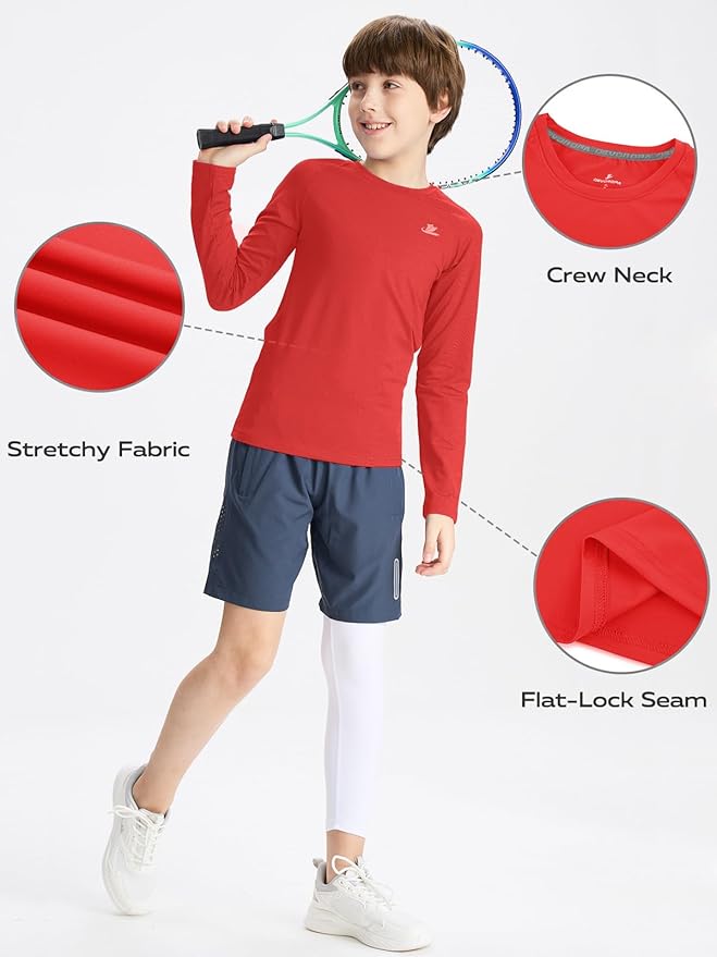 DEVOROPA Youth Boys Compression Shirt Long/Short Sleeve Football Baseball Undershirt Quick Dry Kids Sports Baselayer Crewneck