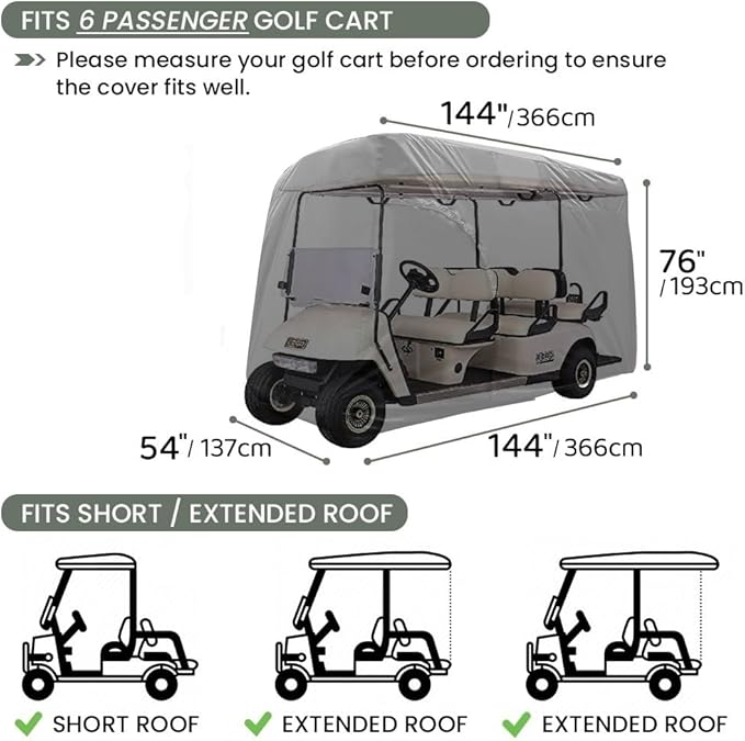 Golf Cart Cover 2/4/6 Passenger, All-Weather Protection Golf Cart Rain Covers, UV Resistant with Windproof Buckle Golf Cart Accessories (Fits for Club Car, for EZGO, for Yamaha)