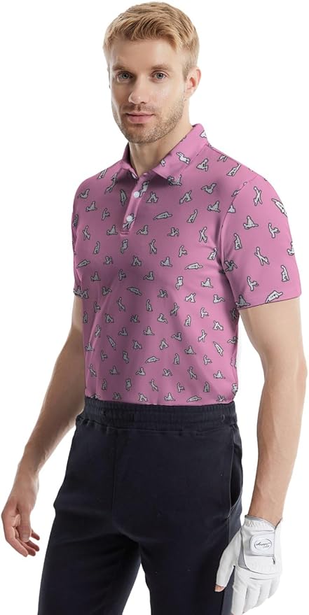 HUURAY Funny Golf Polos for Men Funny Print Short Sleeve Shirts Quick Dry Polo Shirts Hawaiian Shirt Performance Golf Outfits