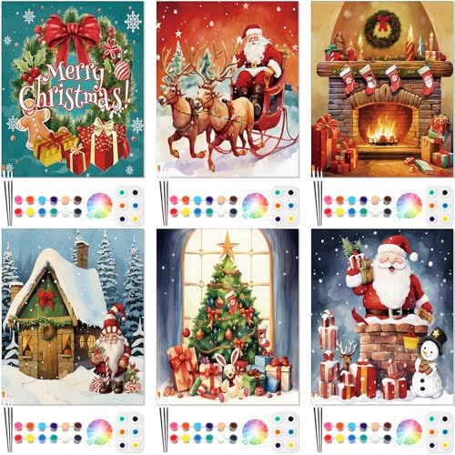 Dinifee 6 Pack Pre Drawn Canvas for Painting Pre Printed Canvas Kit 8 x 10 Inch Stretched Cotton Paint and Sip Set for Adults Couple Party Graduation Summer Date Night(Merry Xmas)