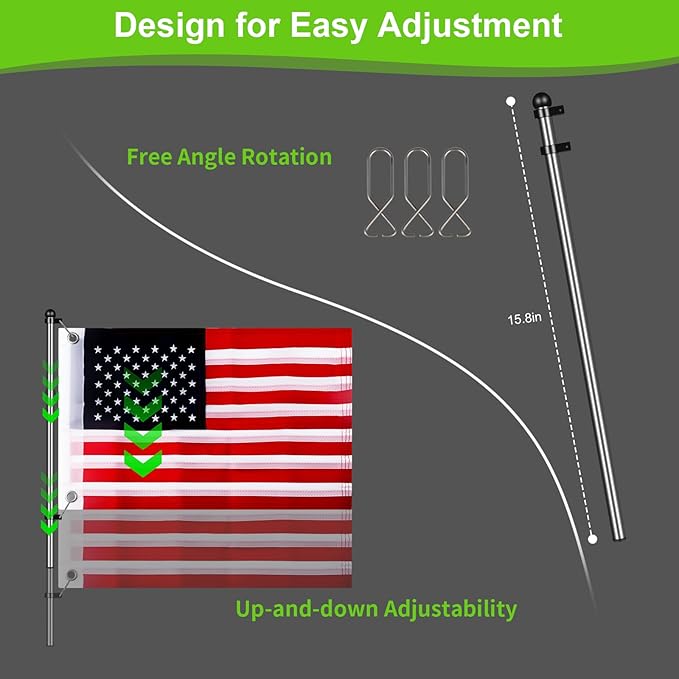 Golf Cart Adjustable Flag Holder, Universal Flagpole for EZGO Club Car Yamaha, Flag Bracket for 0.59-1.18" Round/Oval Square Rails Push Cart, UTV, ATV, Included USA Flags (12"×18")