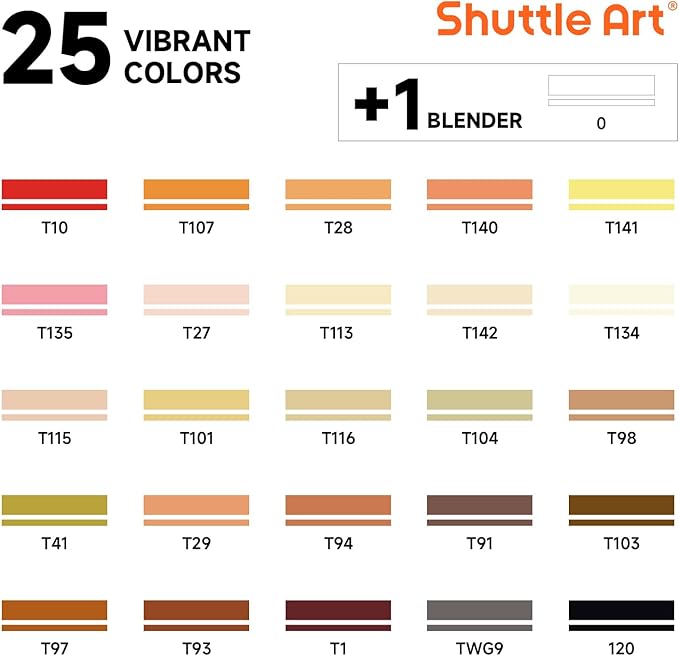 Shuttle Art 26 Colors Skin Tone&Hair Art Markers, Dual Tip Alcohol Based - Image 2