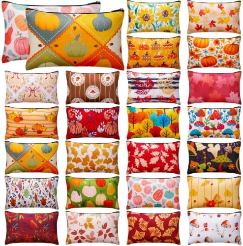 Meanplan 24 Pcs Fall Makeup Bags, Thanksgiving Day Cosmetic Bags for Women
