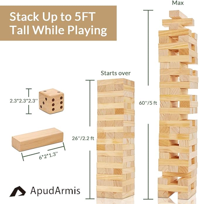 ApudArmis 60 PCS Tumble Tower, Pine Wooden Stacking Timber Game - Image 3