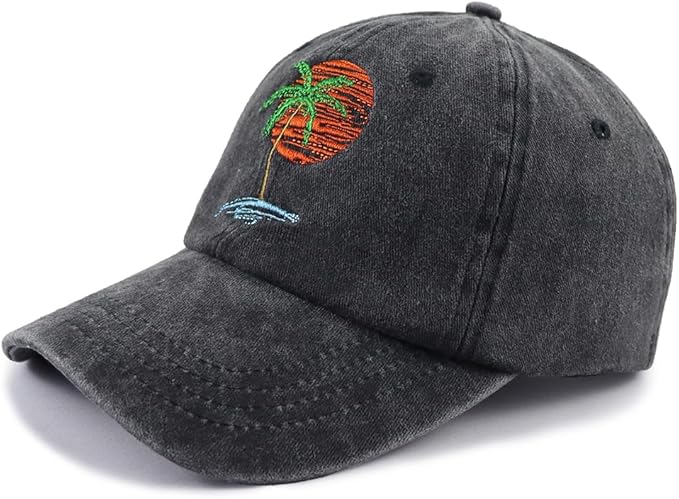 Summer Beach Sun Hat for Men Women, Tropical Themed Embroidered Adjustable Baseball Cap with Palm Tree and Sunset Design