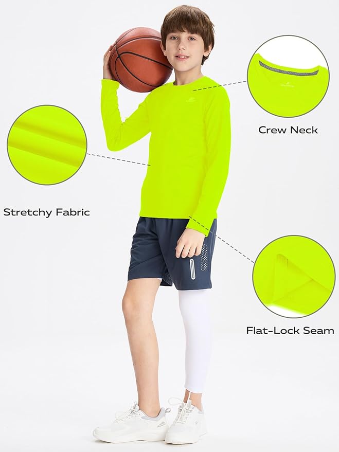 DEVOROPA Youth Boys Compression Shirt Long/Short Sleeve Football Baseball Undershirt Quick Dry Kids Sports Baselayer Crewneck