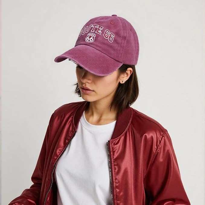 Vintage Washed Cotton Baseball Caps for Women Men Classic Route 66 Embroidered Sun Protection