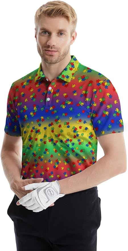 HUURAY Funny Golf Polos for Men Funny Print Short Sleeve Shirts Quick Dry Polo Shirts Hawaiian Shirt Performance Golf Outfits