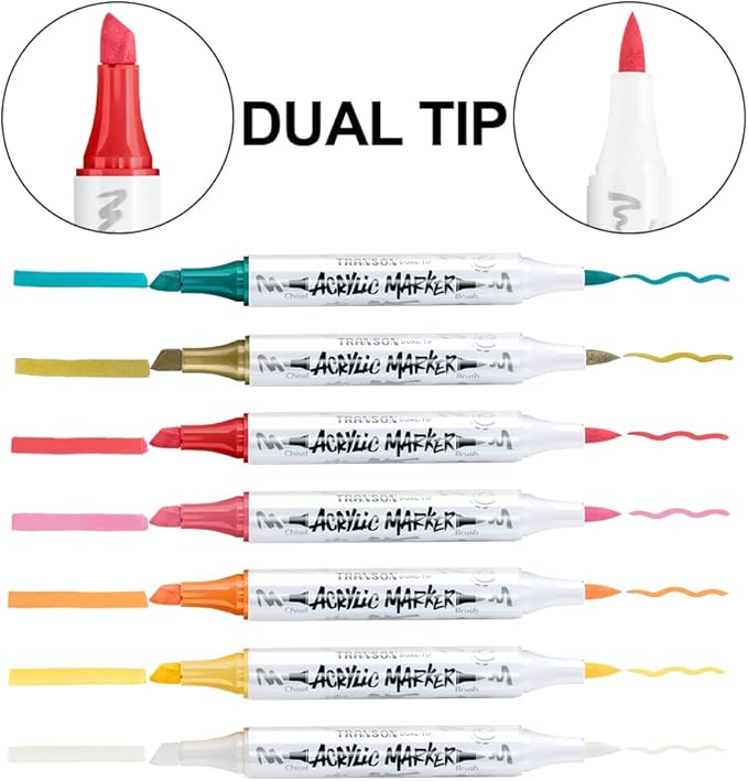 TRANSON 12 Colors Chisel and Brush Dual-tip Acrylic Paint Marker Pen Set - Image 4