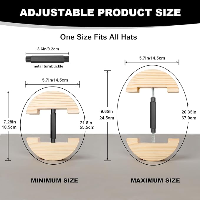 Hat Stretcher for Fitted Hats, Cowboy Hat Stretcher Fitted Hat 7 to 8 1/2, Adjustable Wooden Hat Jack Stretcher Fits All Caps