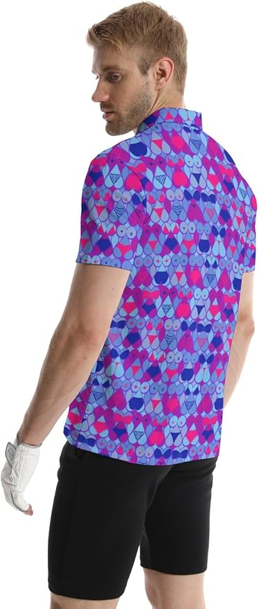 HUURAY Funny Golf Polos for Men Funny Print Short Sleeve Shirts Quick Dry Polo Shirts Hawaiian Shirt Performance Golf Outfits