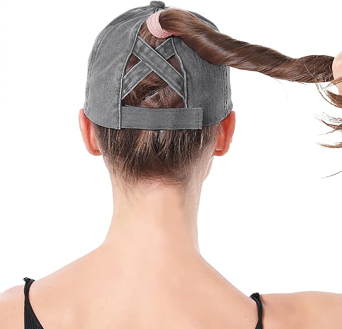 Womens Criss Cross Ponytail Baseball Cap Distressed Ponytail Hat High Messy Bun Trucker Ponycap for Outdoor Sports